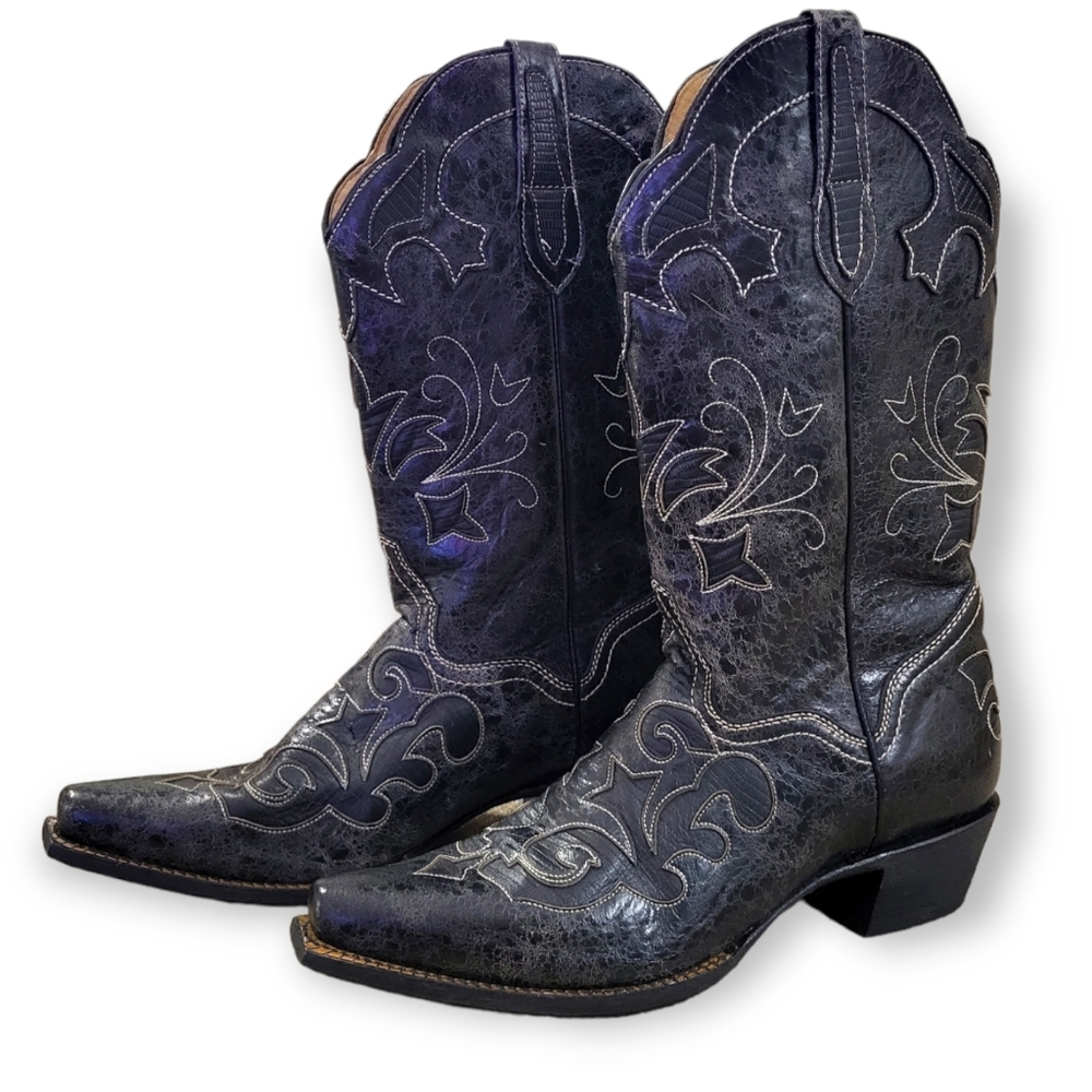 J.B. Dillon Distressed Goat Leather Black Grey Cowboy Boots sz 11